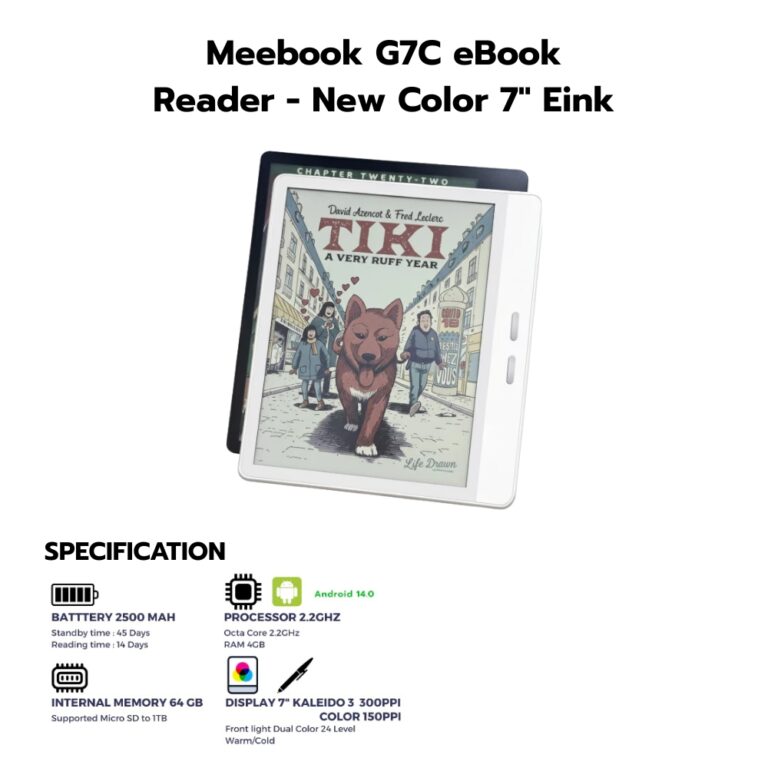 Meebook G7C เป็นเครื่องอ่าน E-reader จอสีที่พัฒนาขึ้นมาเพื่อทำลายขีดจำกัดของหน้าจอ E-ink แบบเดิมๆ โดยใช้เทคโนโลยีหน้าจอสีล่าสุด เพื่อให้ลูกค้าได้รับประสบการณ์การใช้งานที่ใกล้เคียงกับแท็บเล็ตแต่ยังถนอมสายตาครับ
